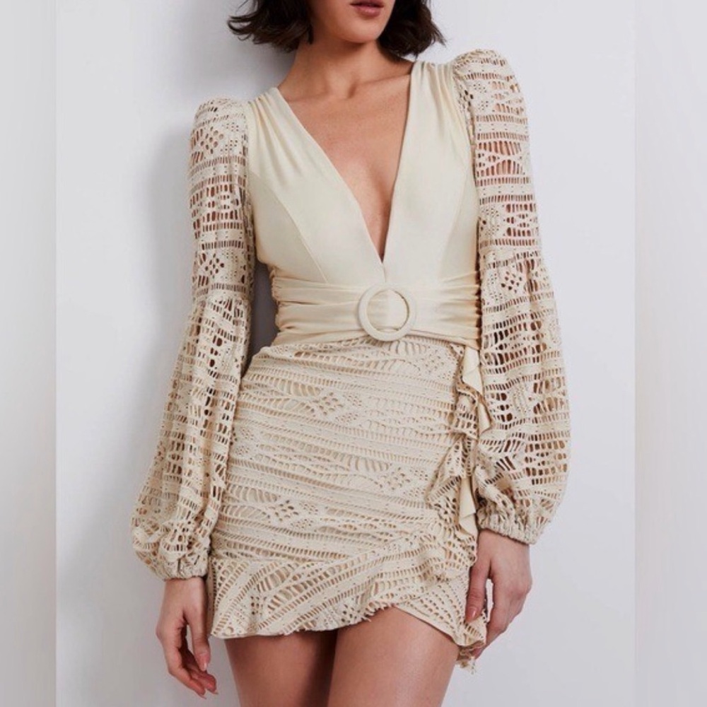 PatBO Cream Crochet Long Sleeve Dress